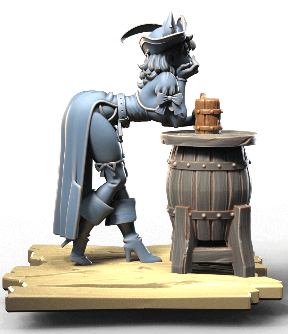 Pin-Up Fantasy Bar Girl – resin miniature of tavern barmaid leaning on barrel with mug