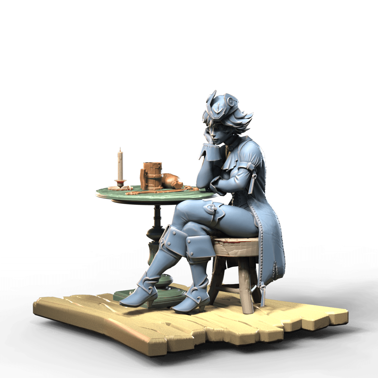 Pirate bar girl sitting on stool at a table contemplating over a beer