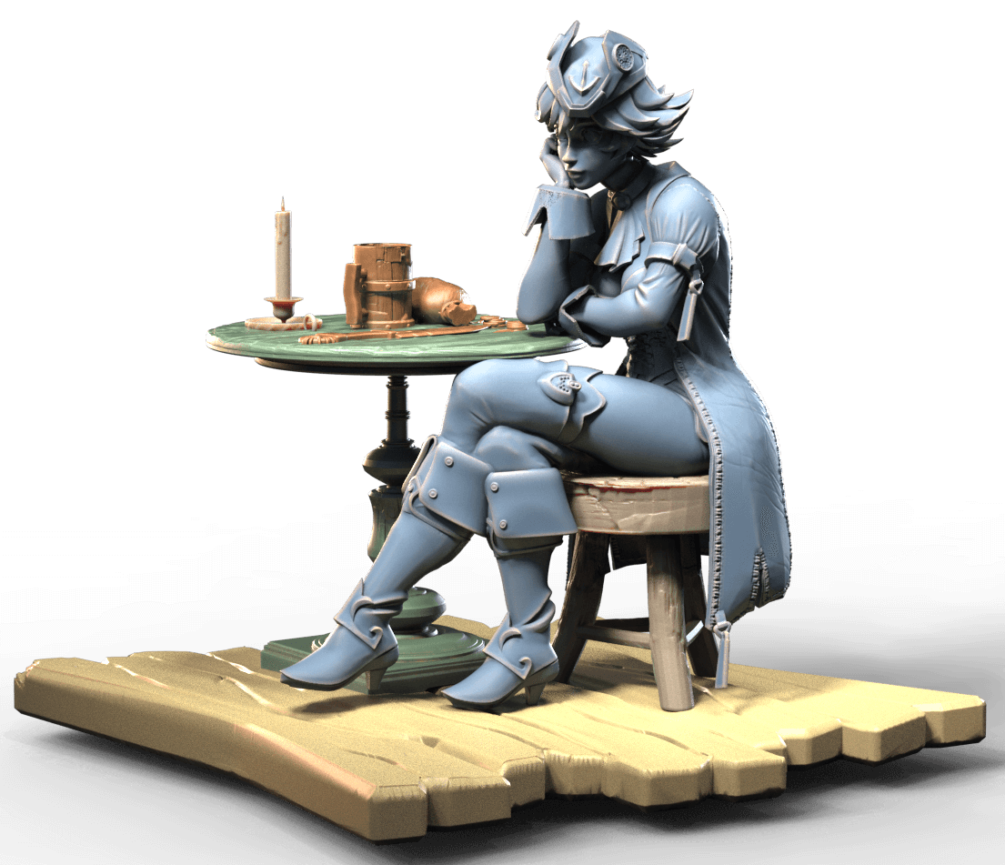 Pirate bar girl sitting on stool at a table contemplating over a beer