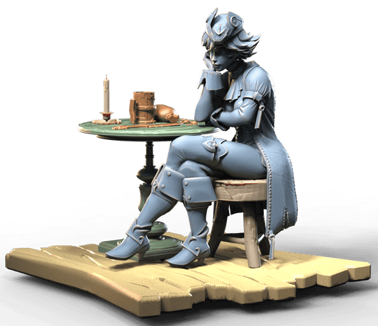 Pirate bar girl sitting on stool at a table contemplating over a beer