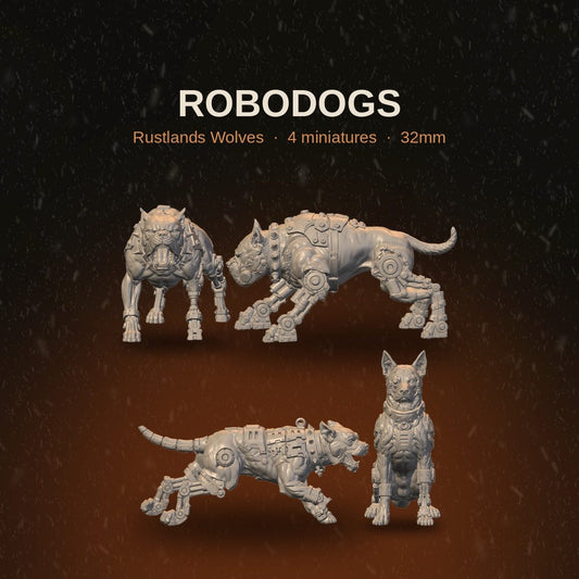 Rustland's Wolves Robodogs set of four 32mm resin miniatures shown together, all poses visible