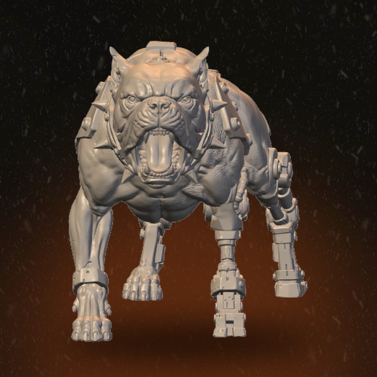 Front view of the heavy brawler robodog, jaws open wide, mechanical legs and armoured back plating in detail