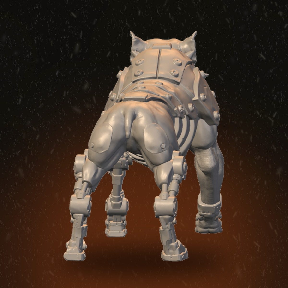 Rear view of the heavy brawler robodog showing bolted back armour panels and articulated mechanical legs