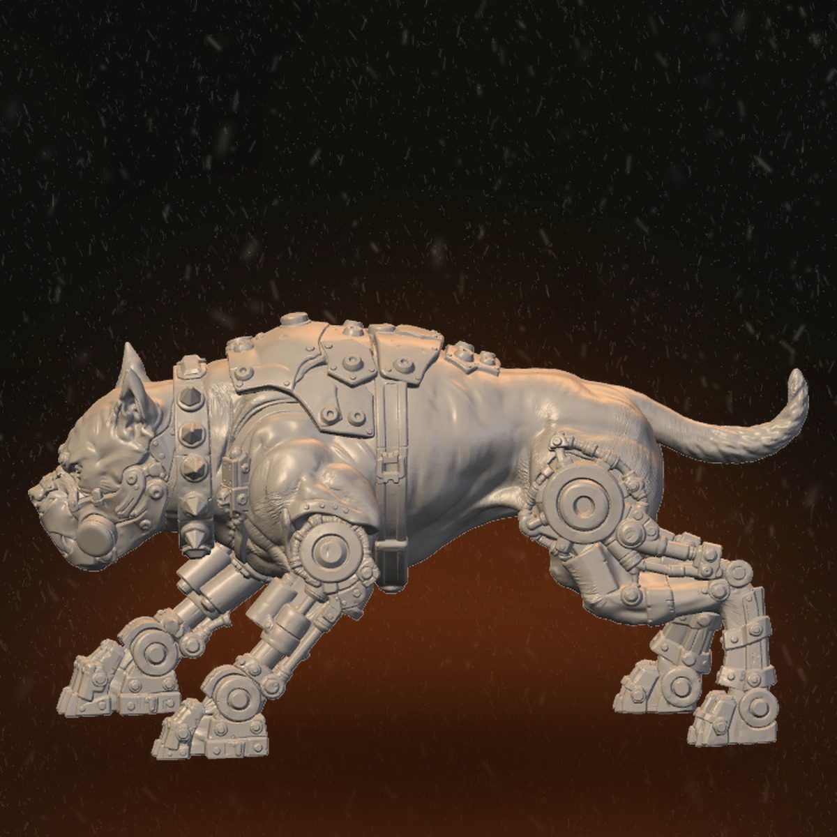 Side profile of the stalking robodog in a low crouch, mechanical haunches and gear details visible along the body