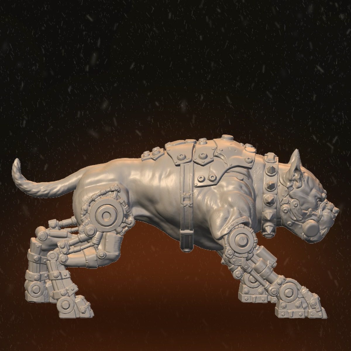 Opposite side profile of the stalking robodog showing rear mechanical leg construction and body harness