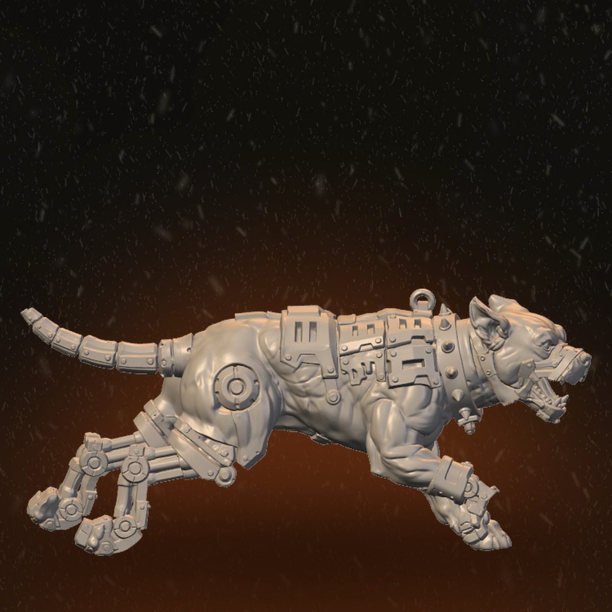 Side view of the sprinting robodog fully extended mid-charge, organic torso and mechanical limbs clearly shown