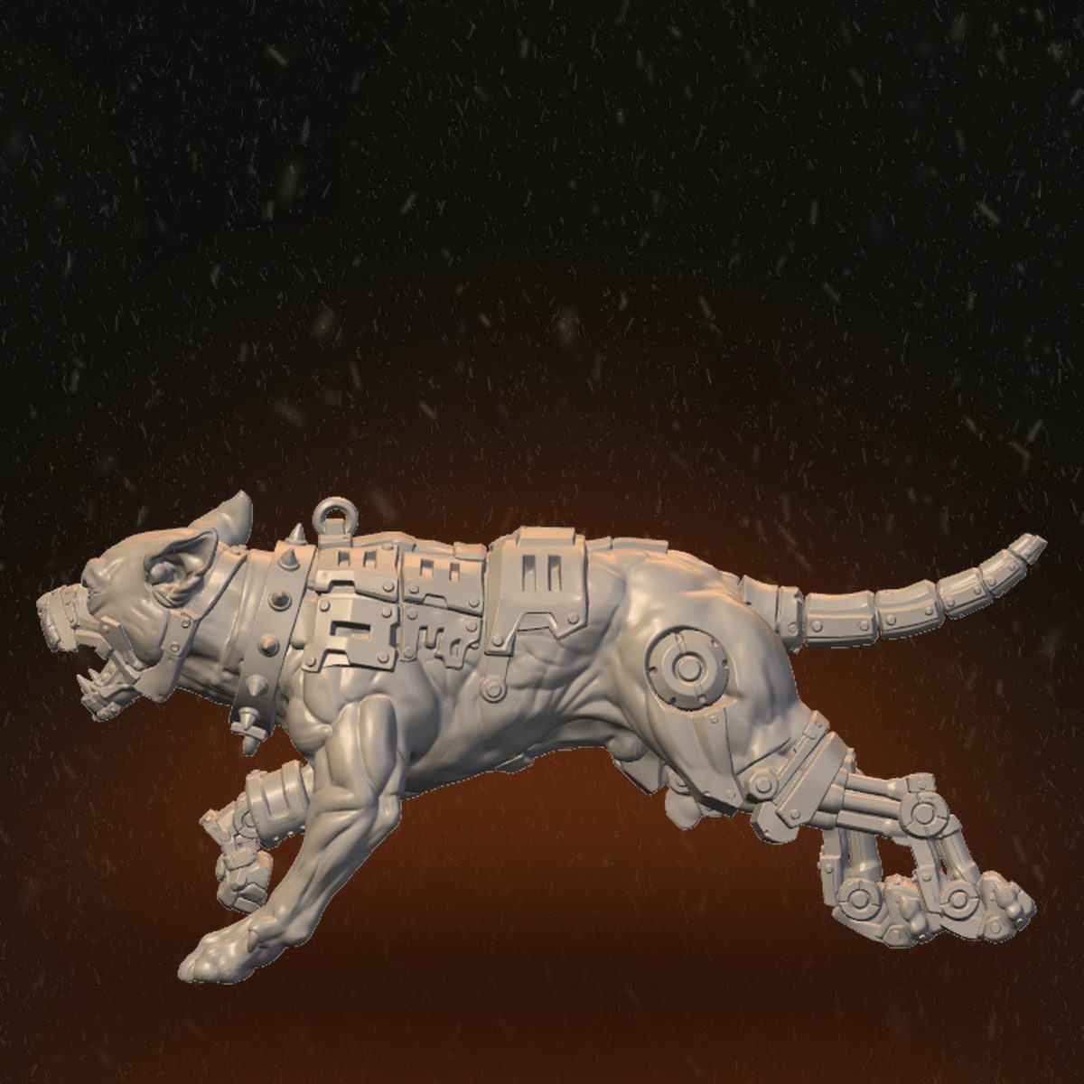 Opposite side of the sprinting robodog showing back plating, harness, and segmented mechanical tail