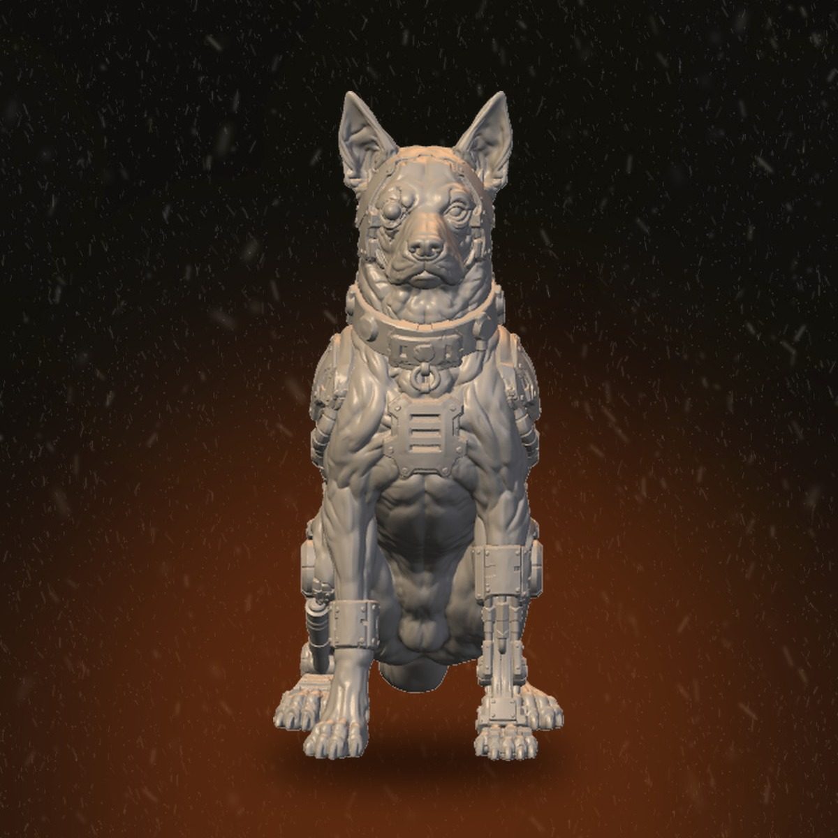 Front view of the seated robodog in an alert upright posture, cybernetic foreleg augmentations and collar visible