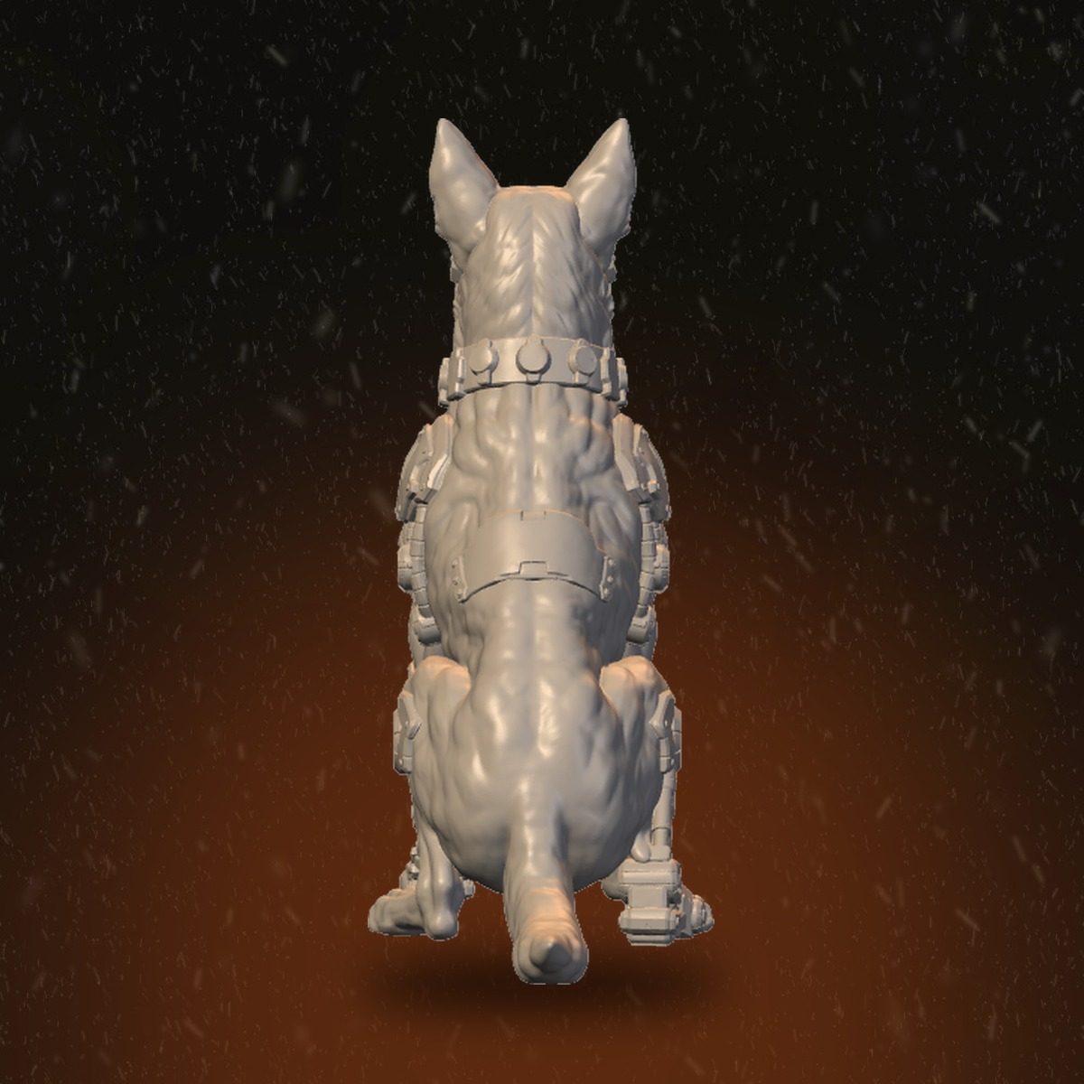 Rear view of the seated robodog showing fur texture, harness strap detail, and augmented hind legs
