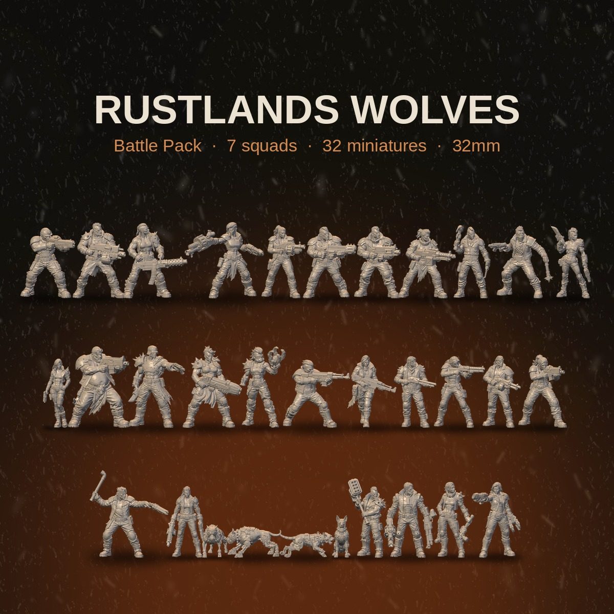 Rustlands Wolves warband lineup, all 32 resin miniatures at true scale