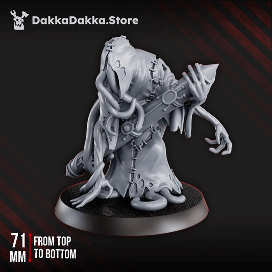 Trench Crusade Style Librarian miniature with stitched hooded robe, tentacles, and sigil-covered container