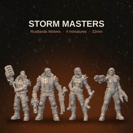 Rustland's Wolves - Storm Masters full squad of four 32mm resin miniatures shown together, front view