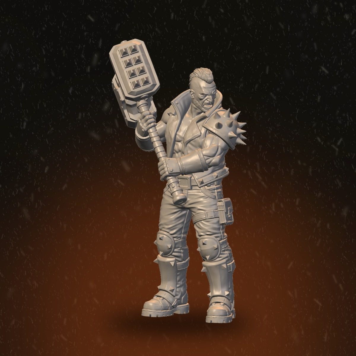 Storm Masters brawler with spiked shoulder plate and studded maul raised, front view
