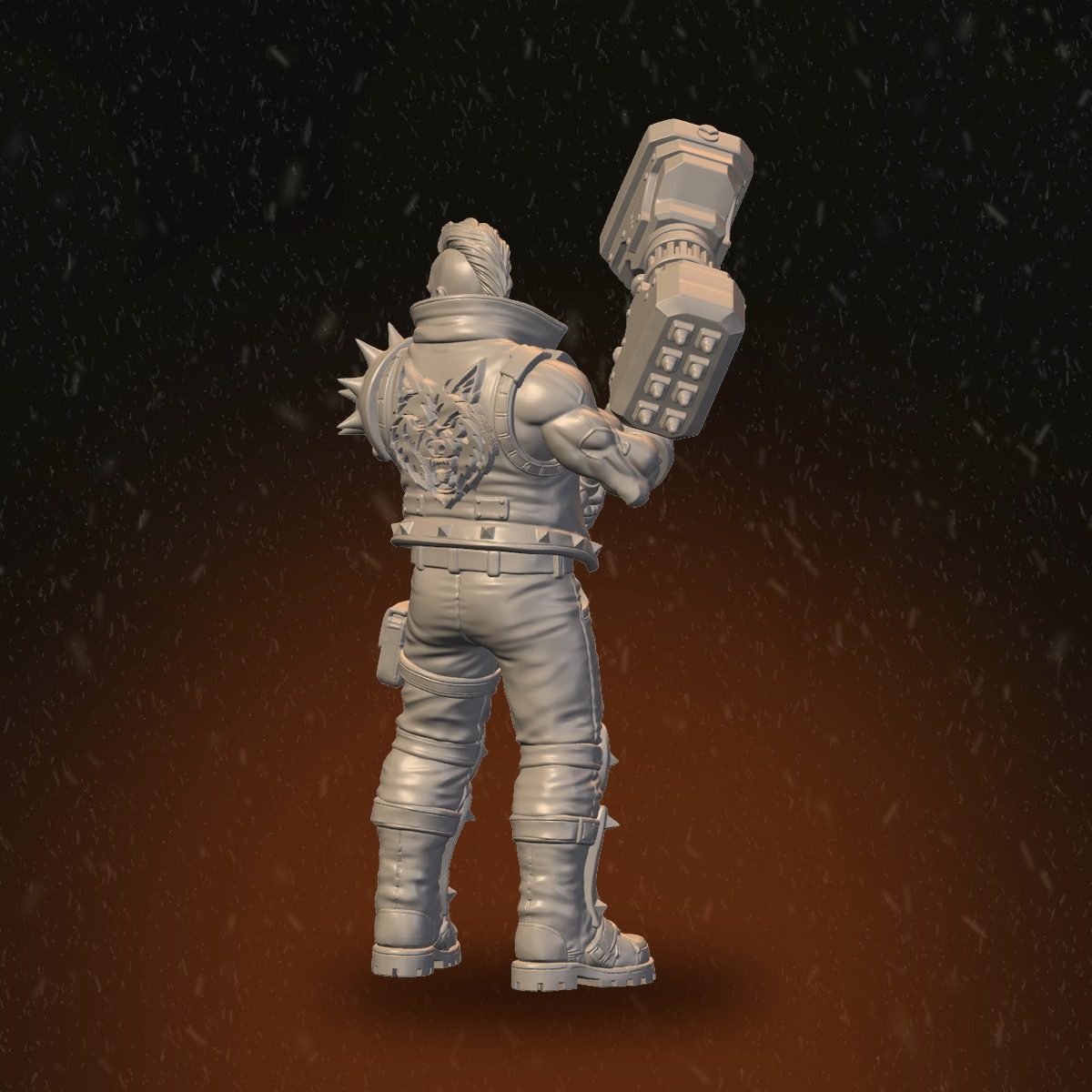 Storm Masters brawler rear view showing wolf emblem on jacket back and spiked armour details