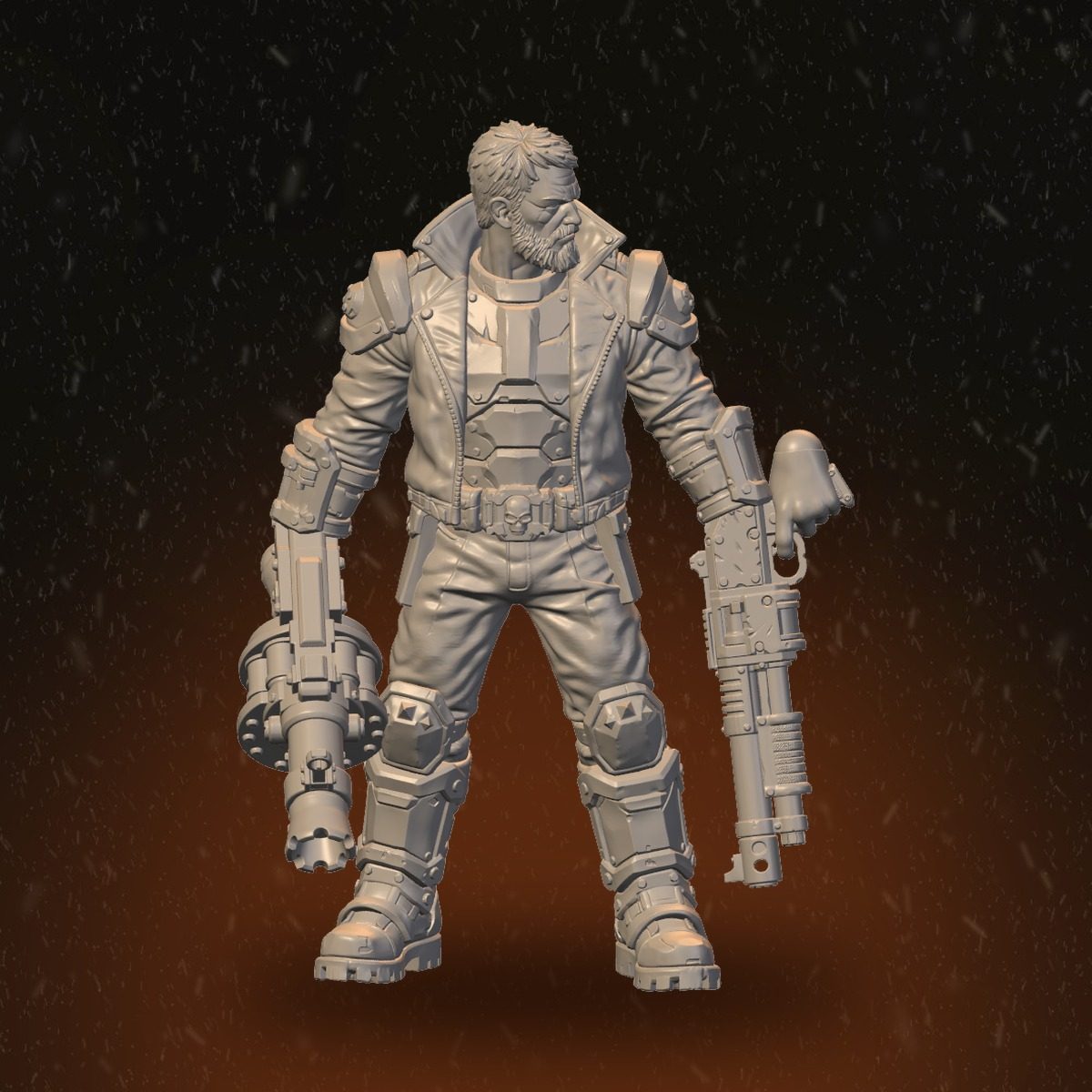 Storm Masters bearded dual-weapon fighter carrying grenade launcher and shotgun, front view