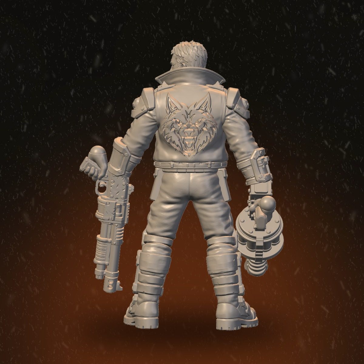 Storm Masters dual-weapon fighter rear view showing wolf jacket emblem and weapon detail