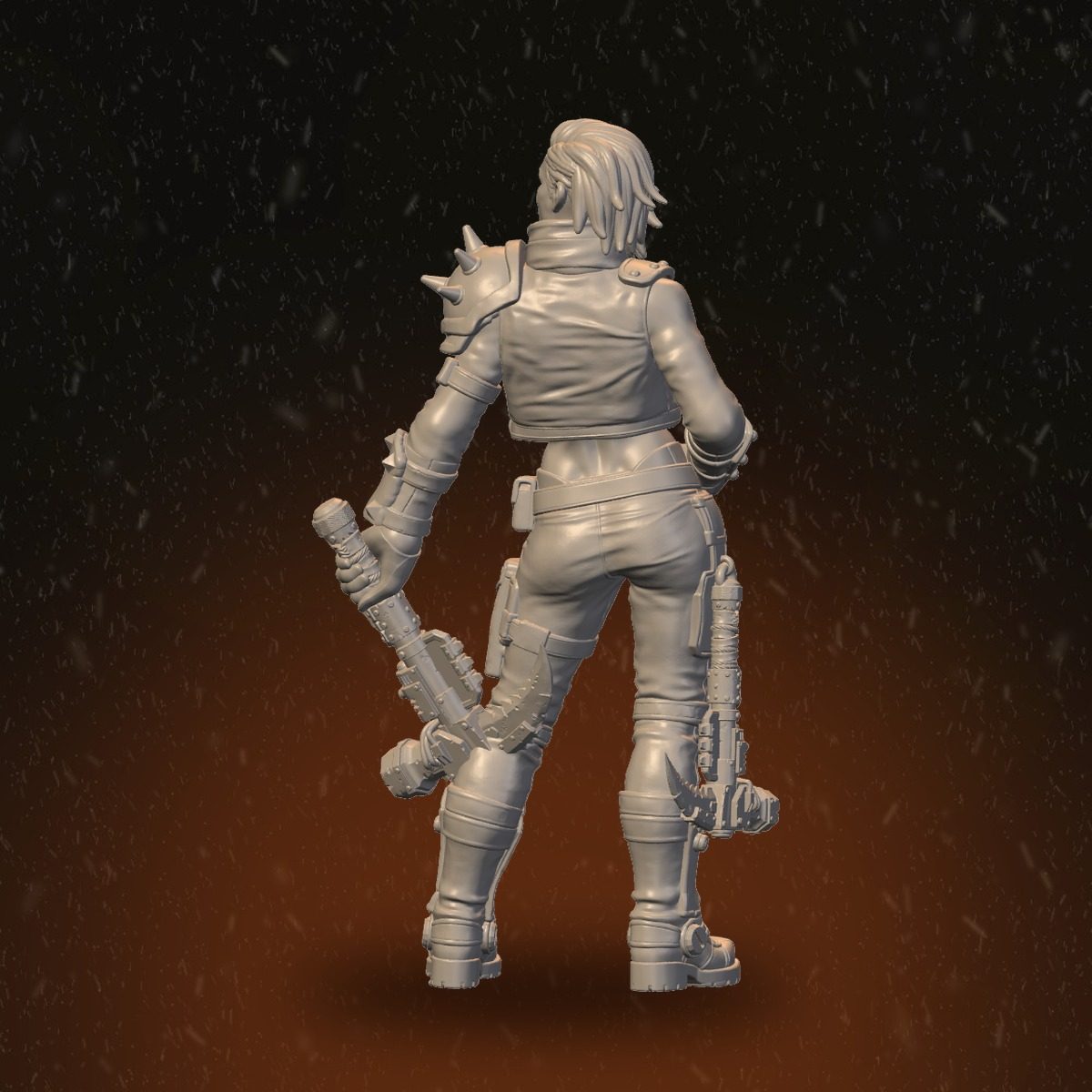 Storm Masters female fighter rear view showing armour details and twin weapons