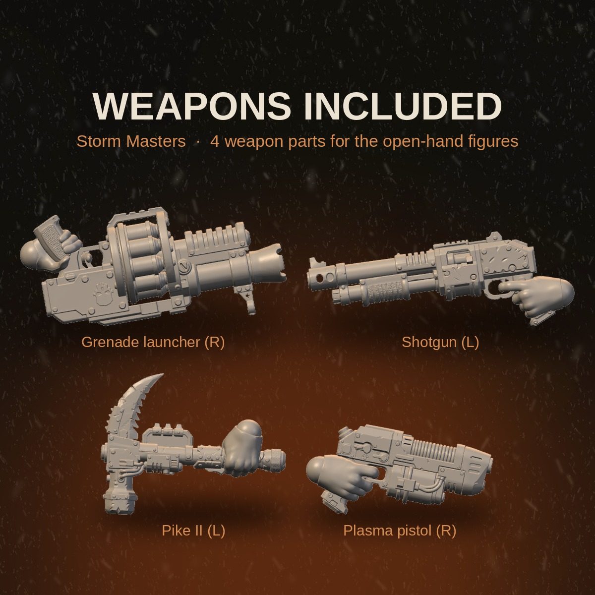 Storm Masters weapons sprue showing grenade launcher, shotgun, pike, and plasma pistol parts
