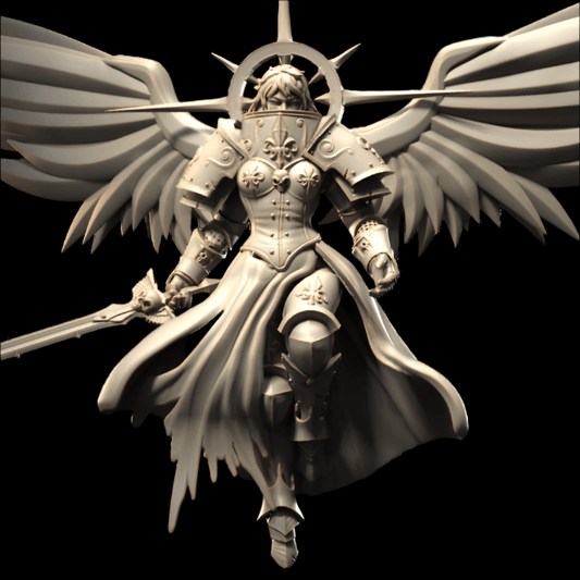 Statue of a winged warrior with armor and a spear on a white background
