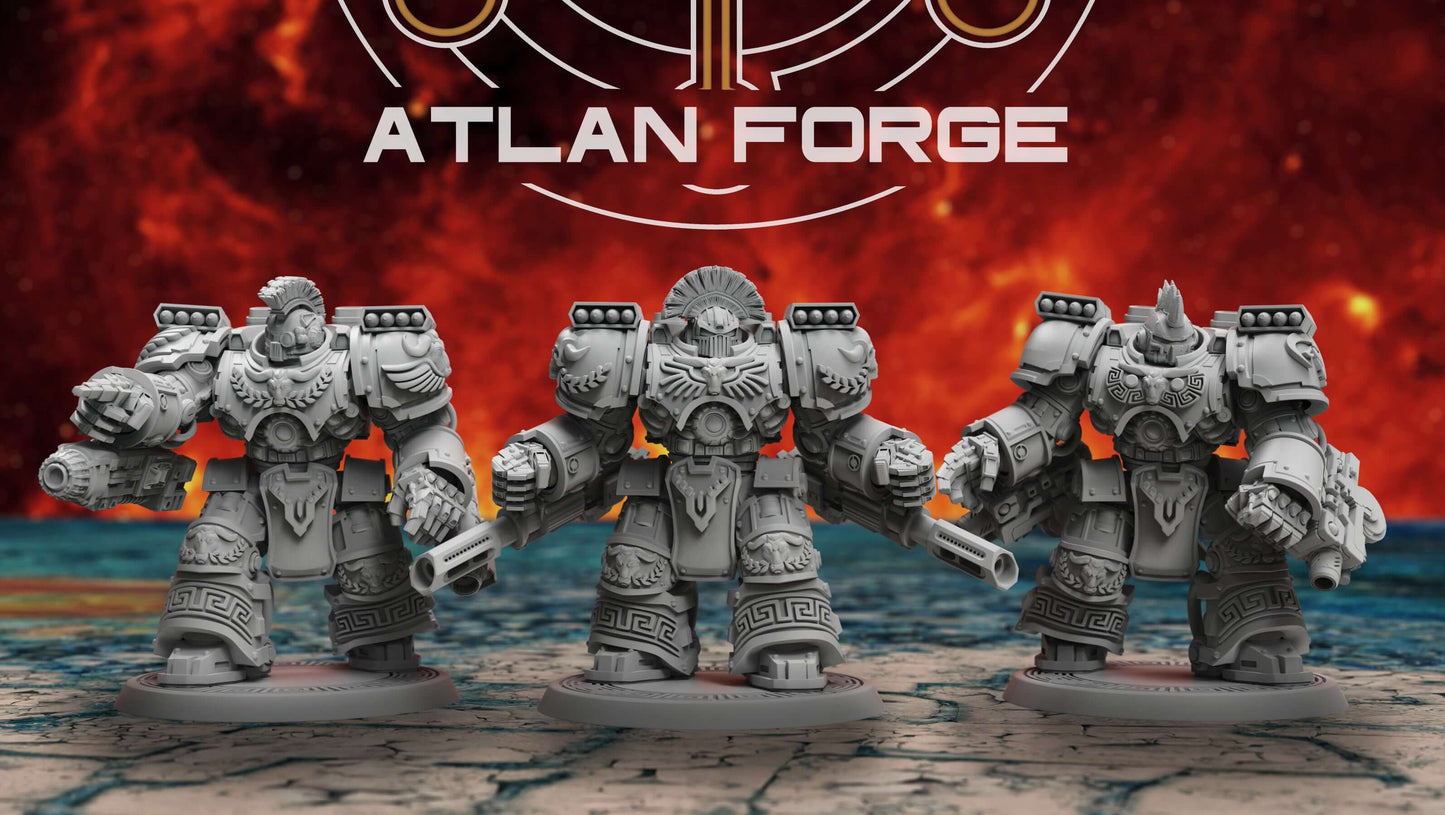 Minoan Warhulks squad of three heavily armoured sci-fi siege infantry