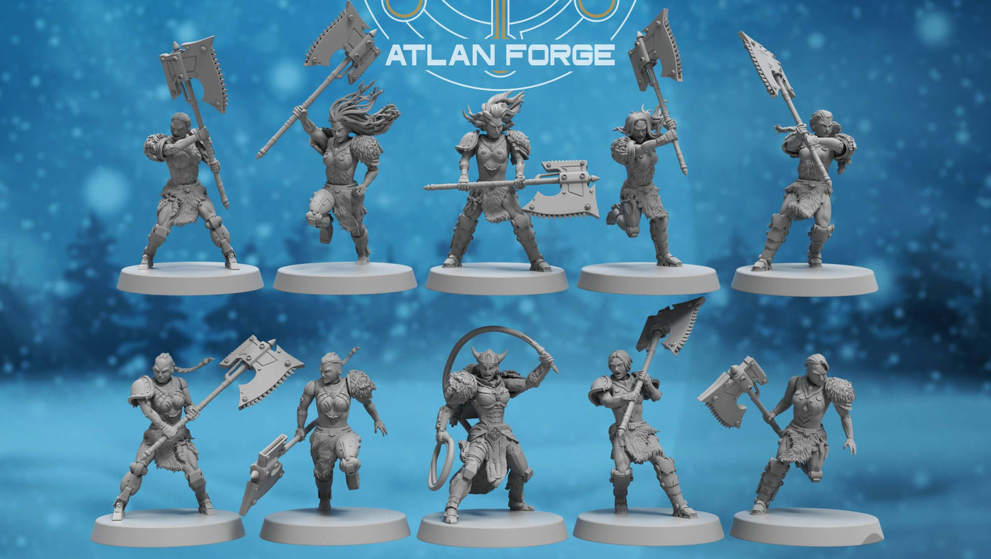 Asgardian Stormwrath Maidens — five modular sci-fi barbarian warrior resin miniatures wielding powered war-axes and arc weapons