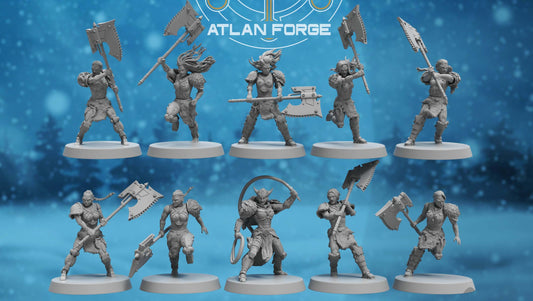 Asgardian Stormwrath Maidens — five modular sci-fi barbarian warrior resin miniatures wielding powered war-axes and arc weapons