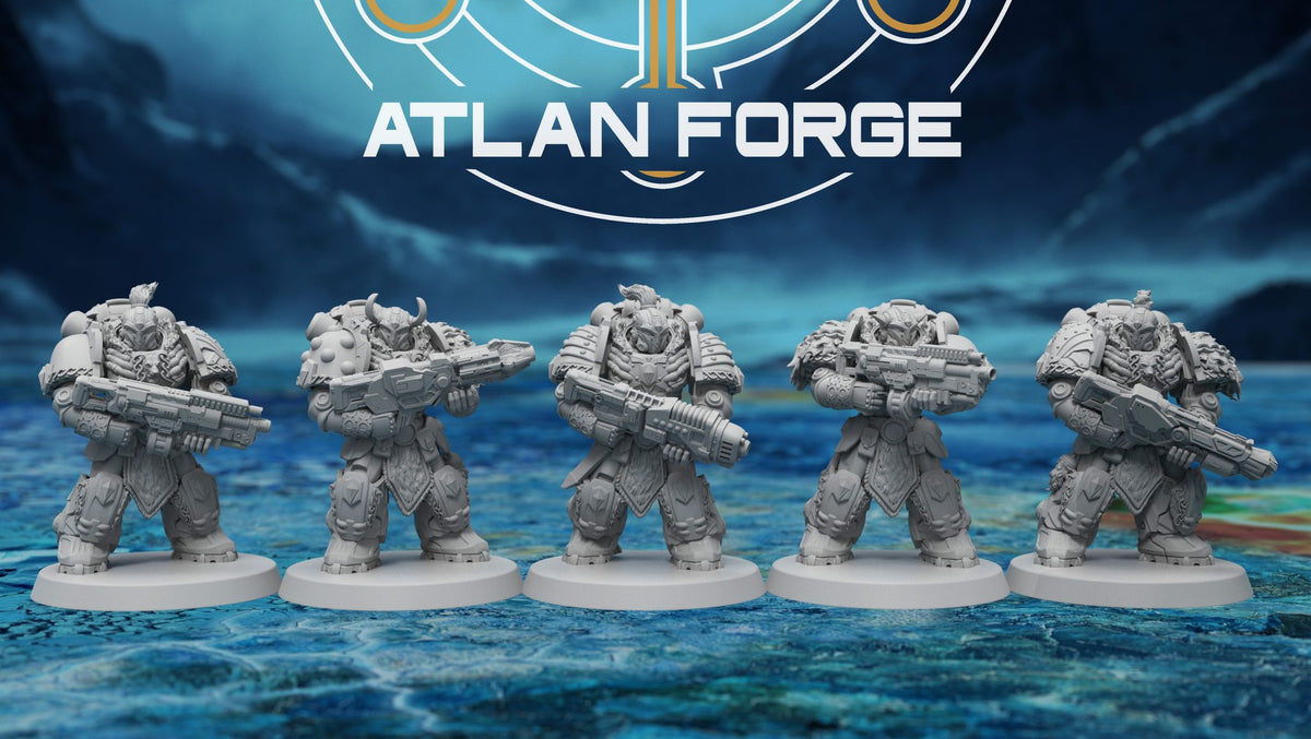 Asgardian Aegis Rangers full squad of five heavy infantry resin miniatures, front view, 32mm scale