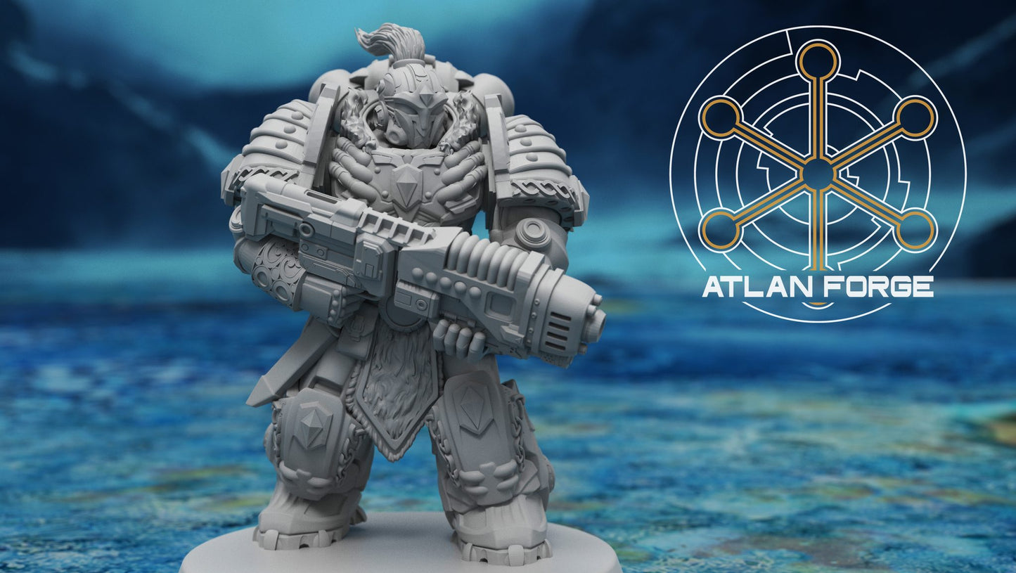 Single ranger miniature front view showing crested helm, ornate chest armour, and heavy assault rifle