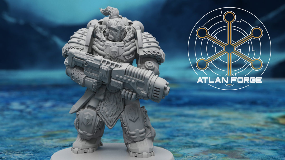 Single ranger miniature front view showing crested helm, ornate chest armour, and heavy assault rifle