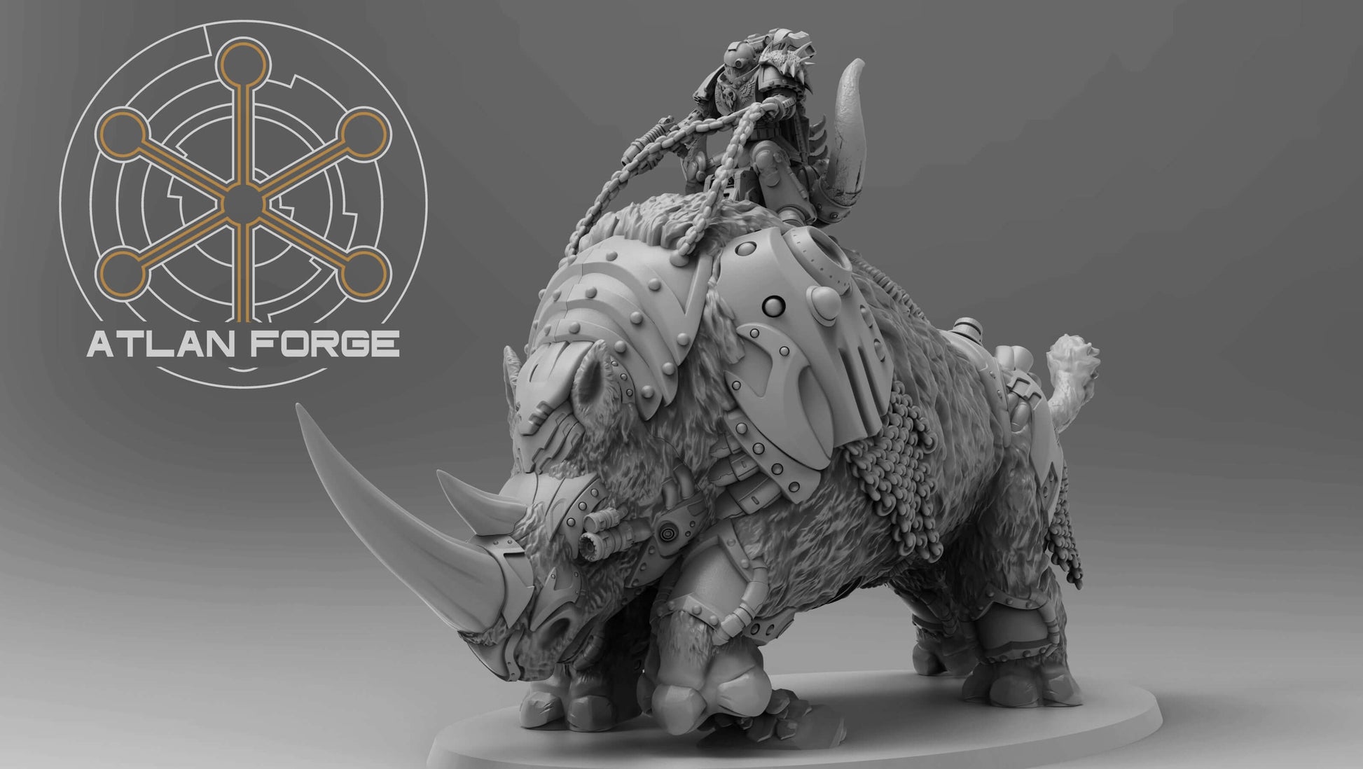 Cybernetic Wooly Rhino miniature for sci-fi wargaming, showcasing detailed armor and weapon options in durable grey resin.