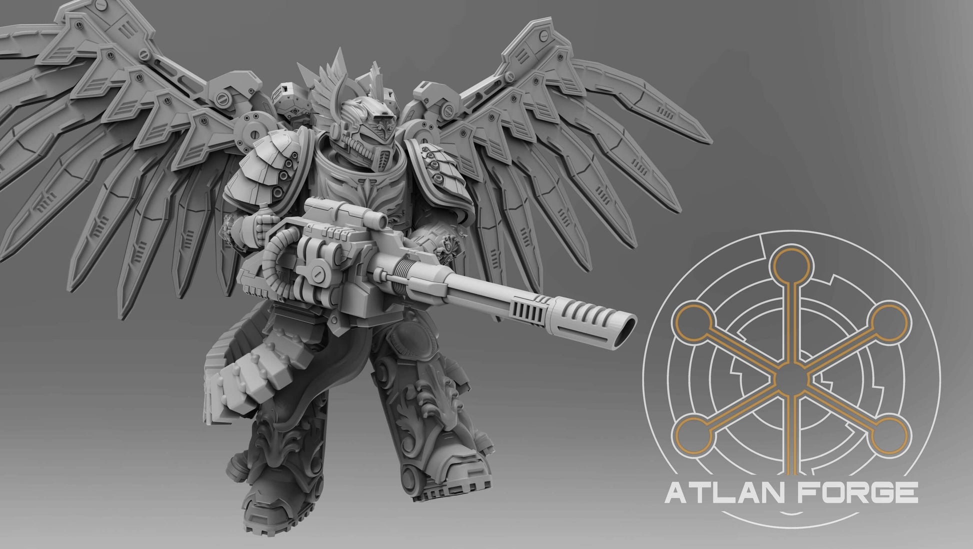 Angelic Flying Artilleryman miniature by Atlan Forge, detailed grey resin model for sci-fi wargaming, featuring majestic wings.