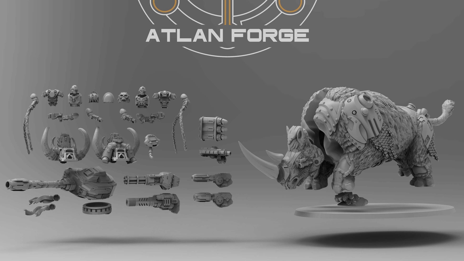 Cybernetic Wooly Rhino miniature with modular weapons, perfect for sci-fi tabletop gaming. High-quality grey resin model.
