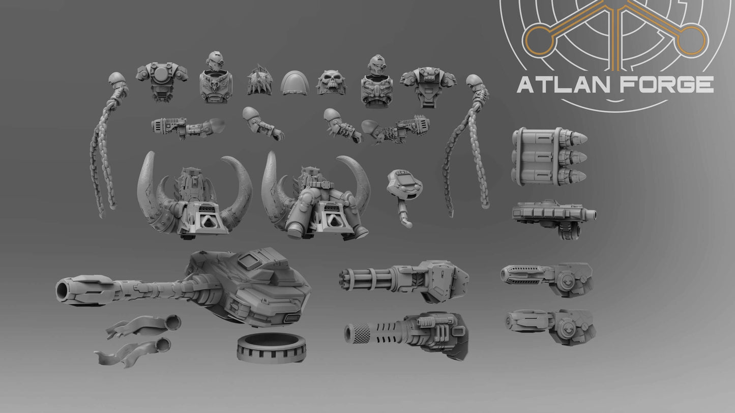 Collection of sci-fi wargaming miniature parts including weapons and heads in grey resin from Atlan Forge.