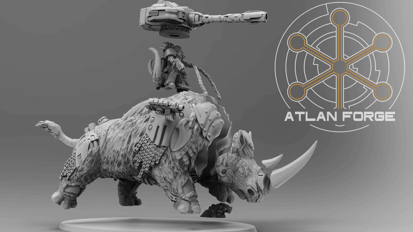 Cybernetic Wooly Rhino miniature with turret and rider, perfect for sci-fi tabletop wargaming, displayed on oval base.