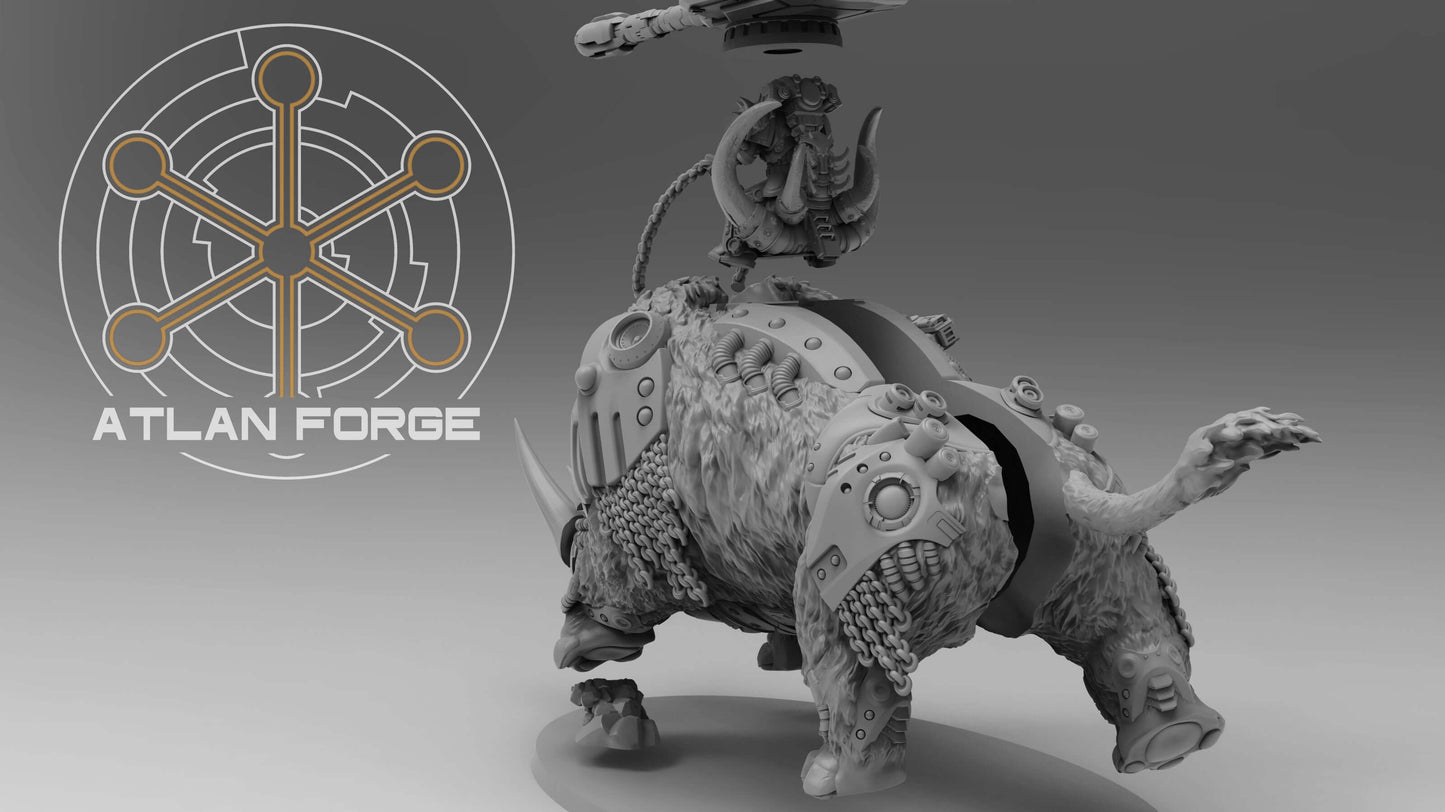 Cybernetic Woolly Rhino miniature for sci-fi wargaming, featuring intricate details and weapon options.