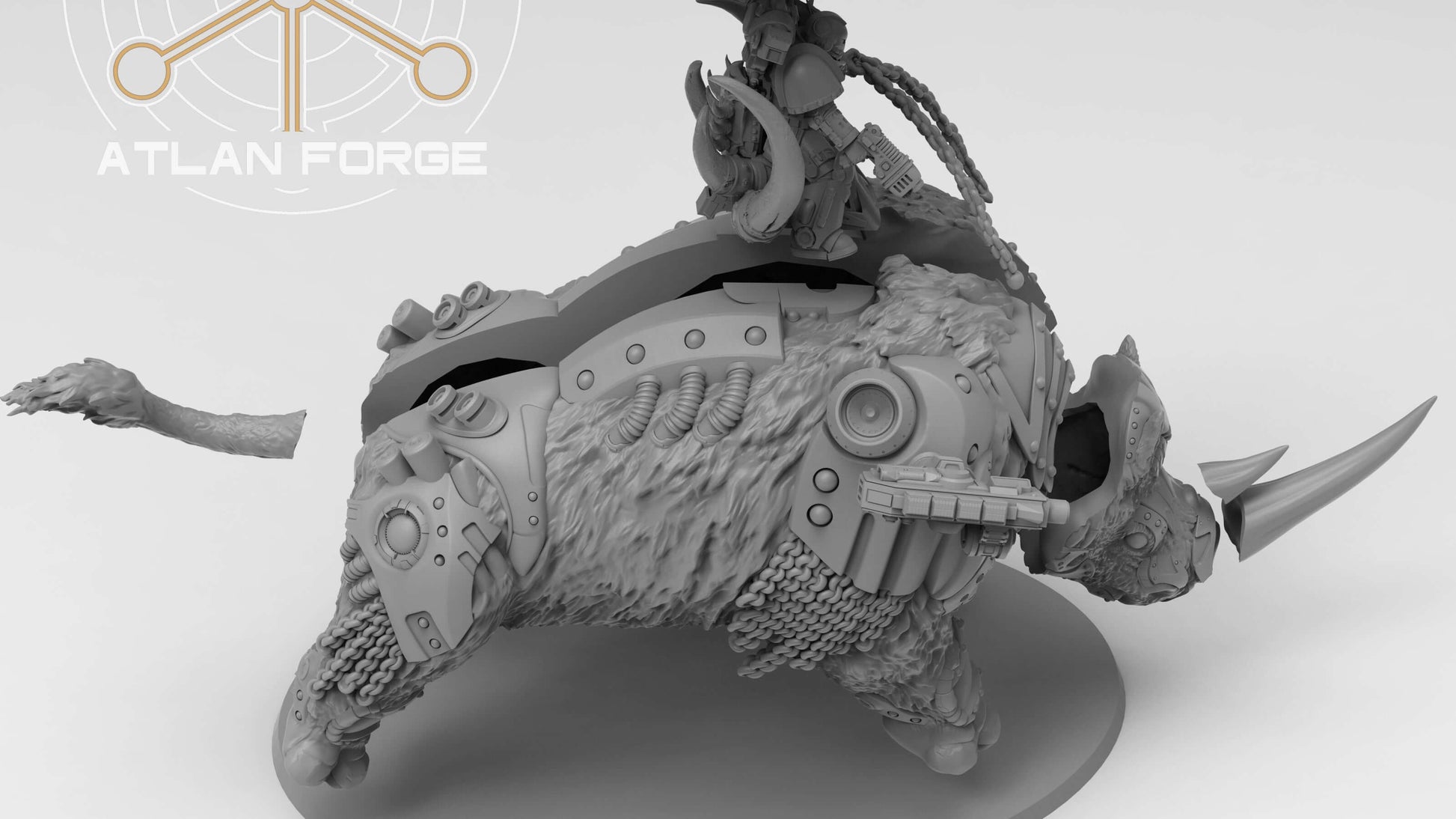 Cybernetic Wooly Rhino wargaming miniature in grey resin with intricate details and weapon options