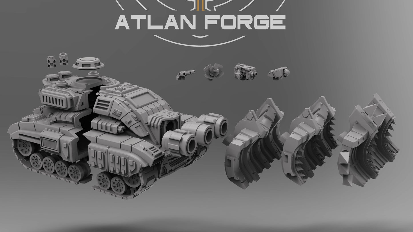 Glyptodon Heavy Assault Vehicle miniature by Atlan Forge featuring armored hull and reinforced dozer blade.
