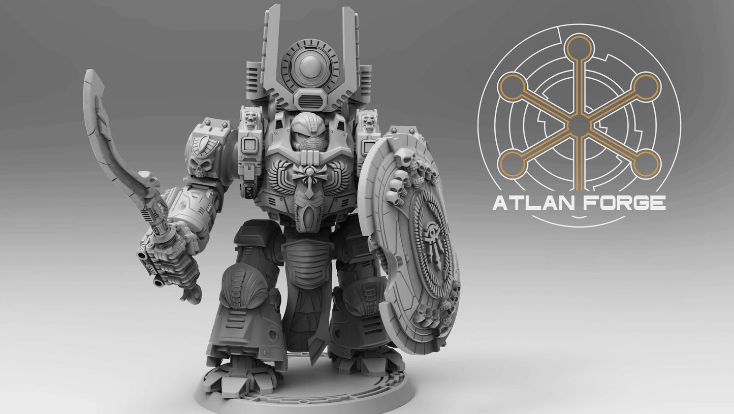 Aegyptian Velox Dreadnought modular resin miniature with ornate blue and gold armor and shield.