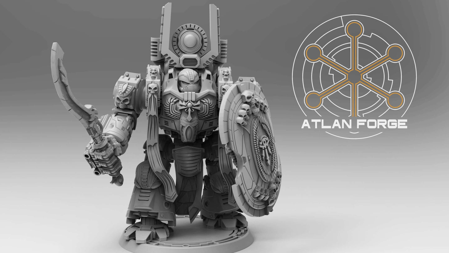 Aegyptian Velox Dreadnought modular resin miniature with ornate blue and gold armor and shield.