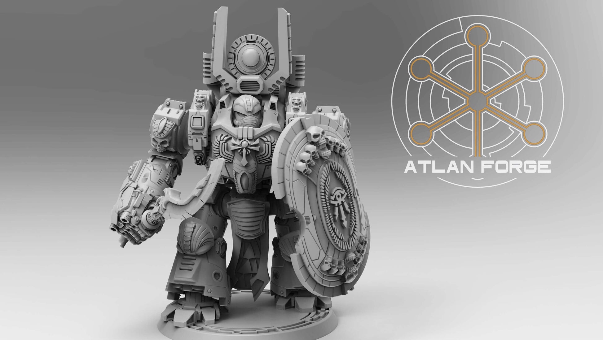 Aegyptian Velox Dreadnought modular resin miniature with ornate blue and gold armor and shield.