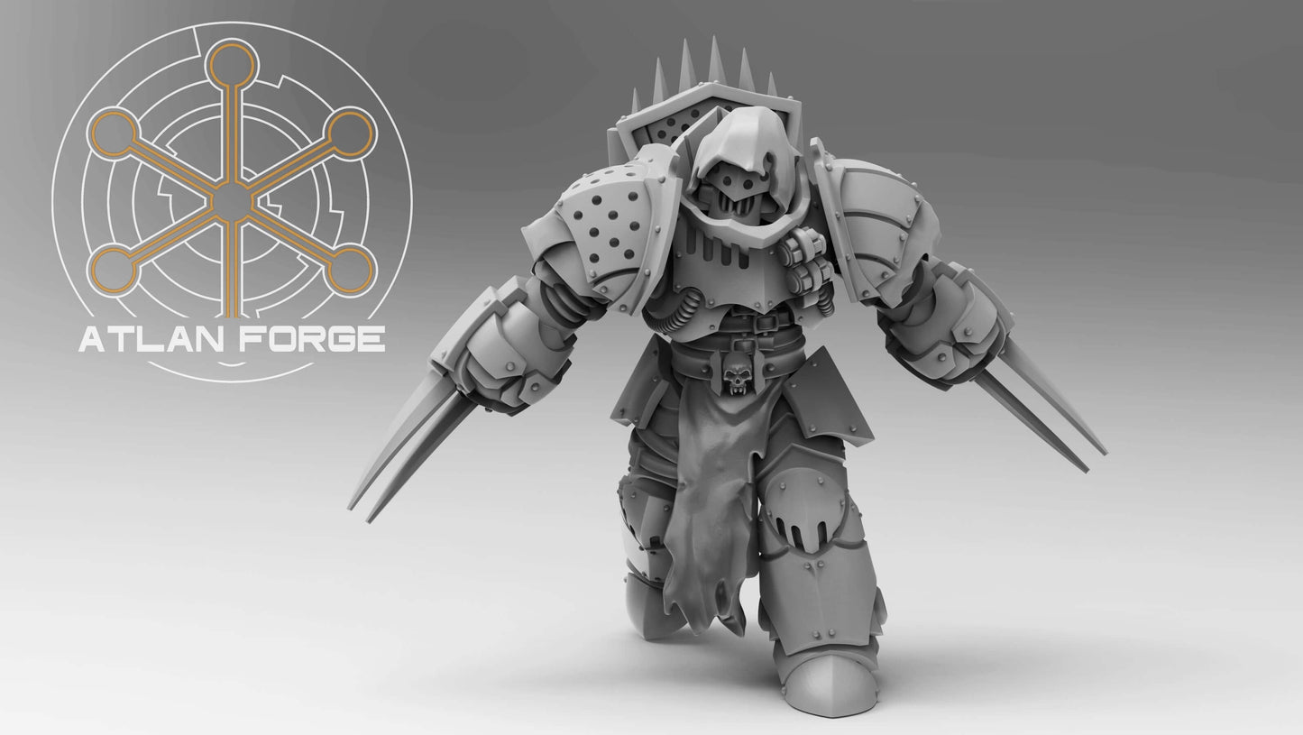 Five gothic sci-fi vampire hunter warriors in heavy spiked armour with swords and claws, standing on a dark volcanic battlefield.