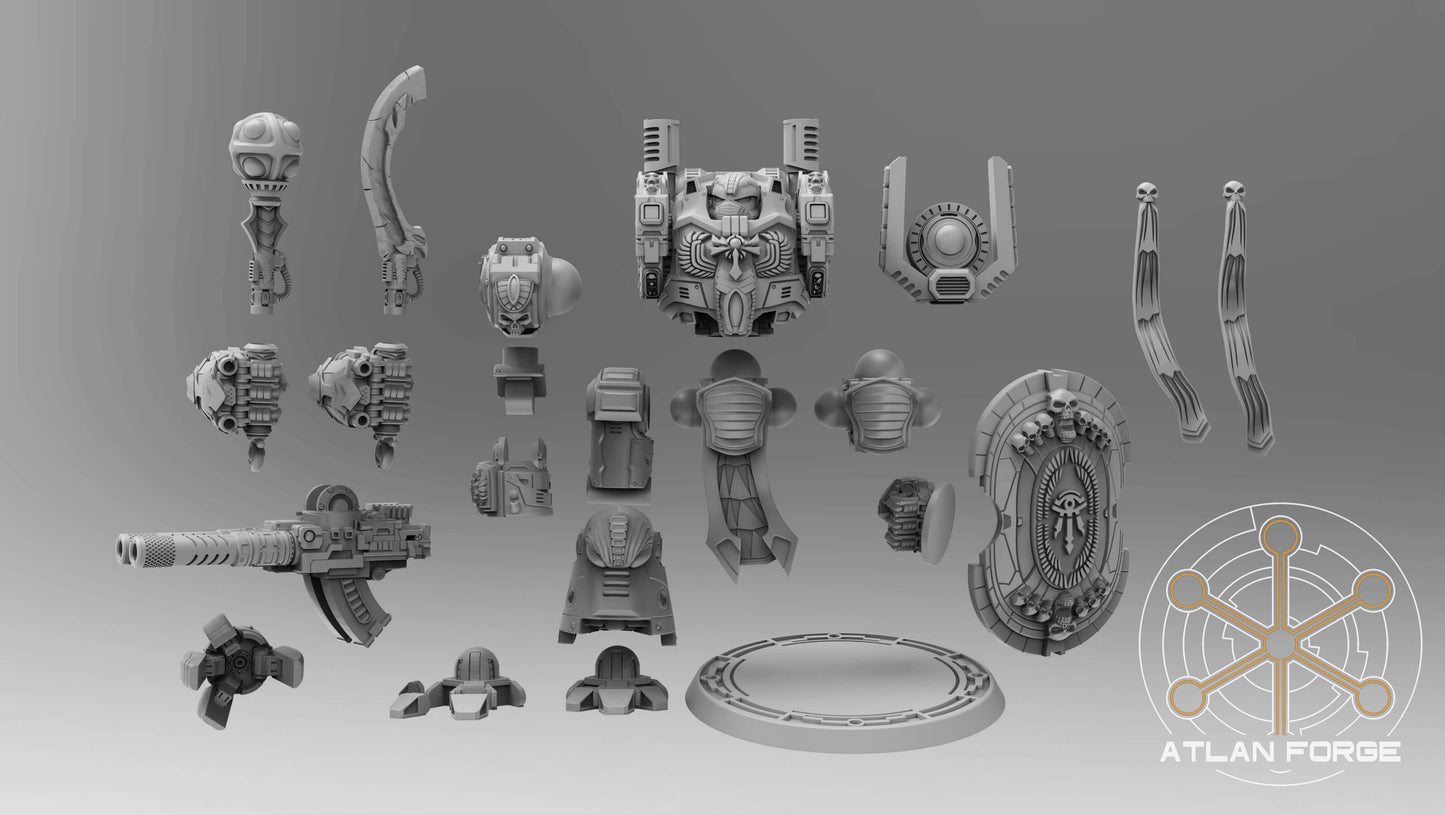 Aegyptian Velox Dreadnought modular resin miniature with ornate blue and gold armor and shield.