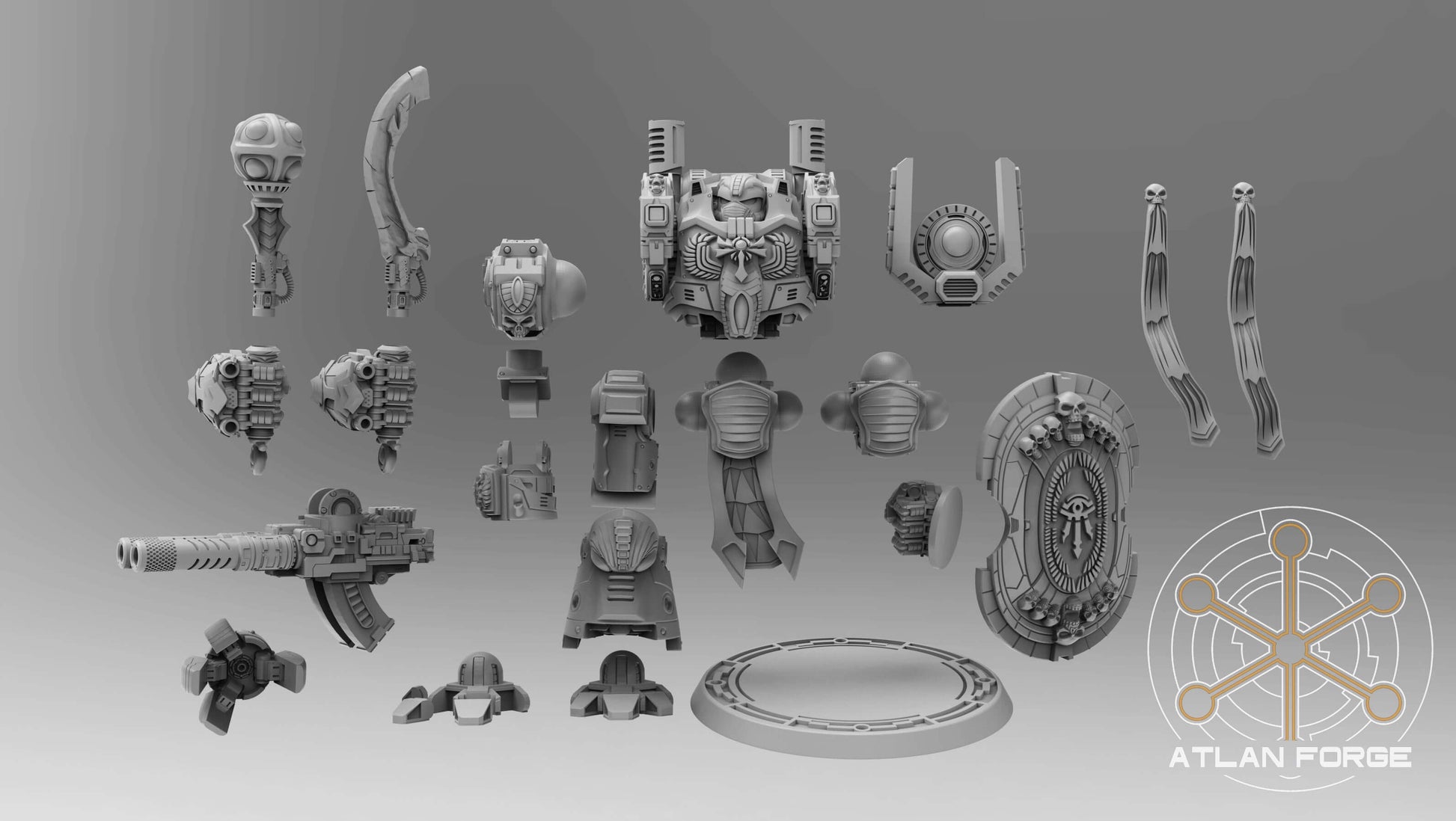 Aegyptian Velox Dreadnought modular resin miniature with ornate blue and gold armor and shield.