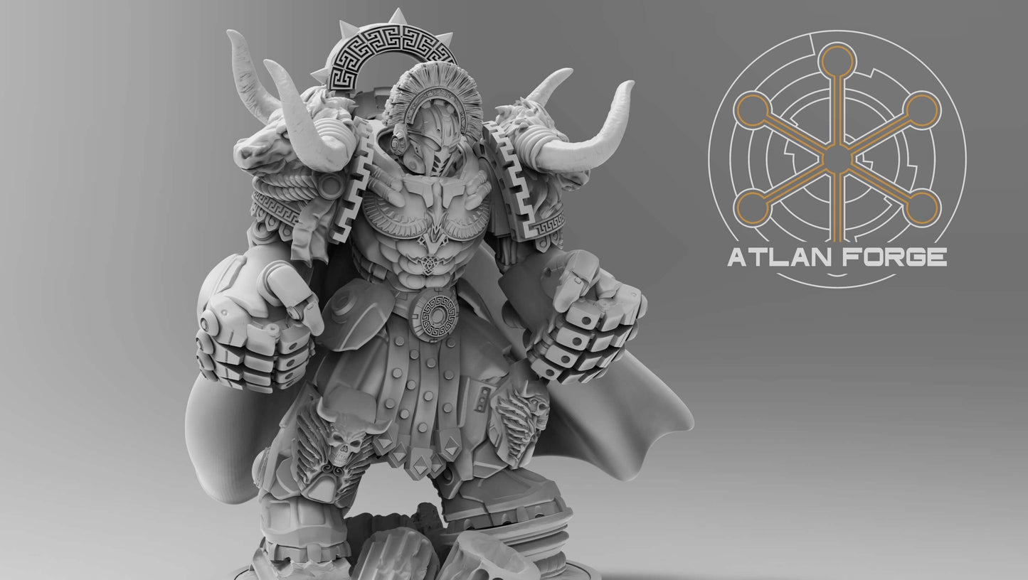  Minoan Aegis Captain resin miniature by AtlanForge showing modular bull-horned power armour hero with Greek key trim, cape, sword, shield, and spear weapon options