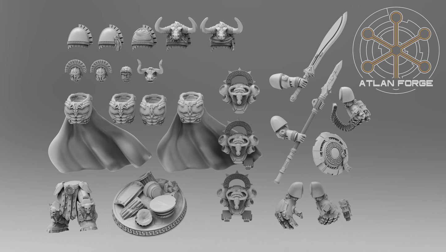  Minoan Aegis Captain resin miniature by AtlanForge showing modular bull-horned power armour hero with Greek key trim, cape, sword, shield, and spear weapon options