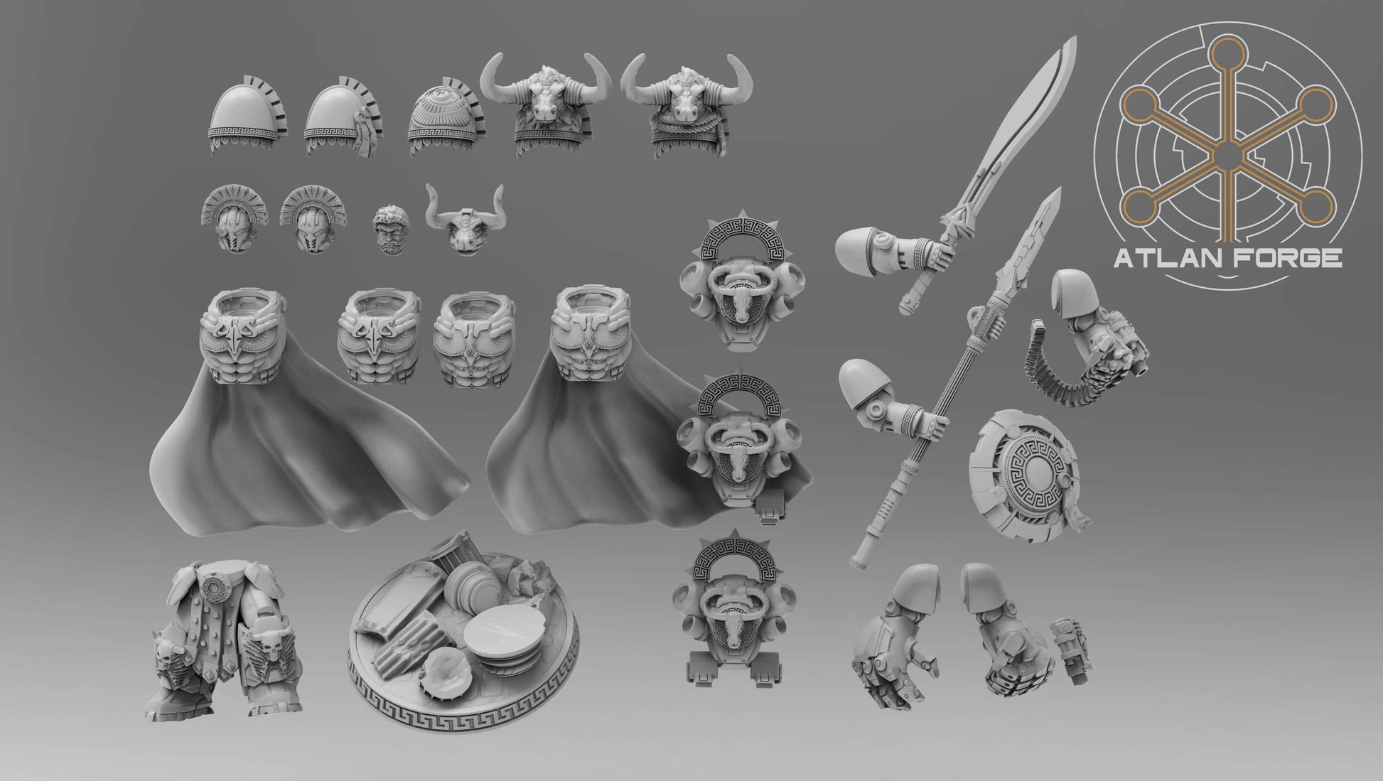  Minoan Aegis Captain resin miniature by AtlanForge showing modular bull-horned power armour hero with Greek key trim, cape, sword, shield, and spear weapon options