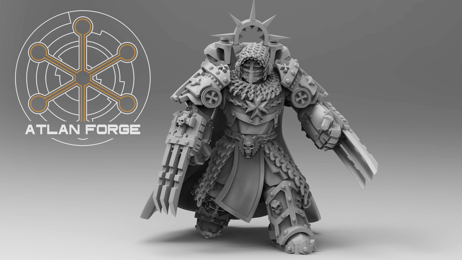 Five heavily armoured Templar Sci-Fi Warrior miniatures, wearing ornate armour and carrying chain weapons and guns.