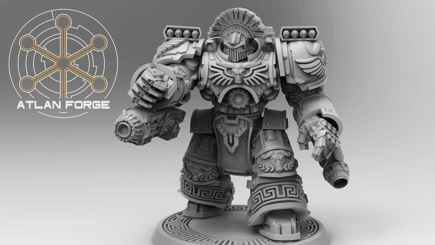 Minoan Warhulks squad of three heavily armoured sci-fi siege infantry