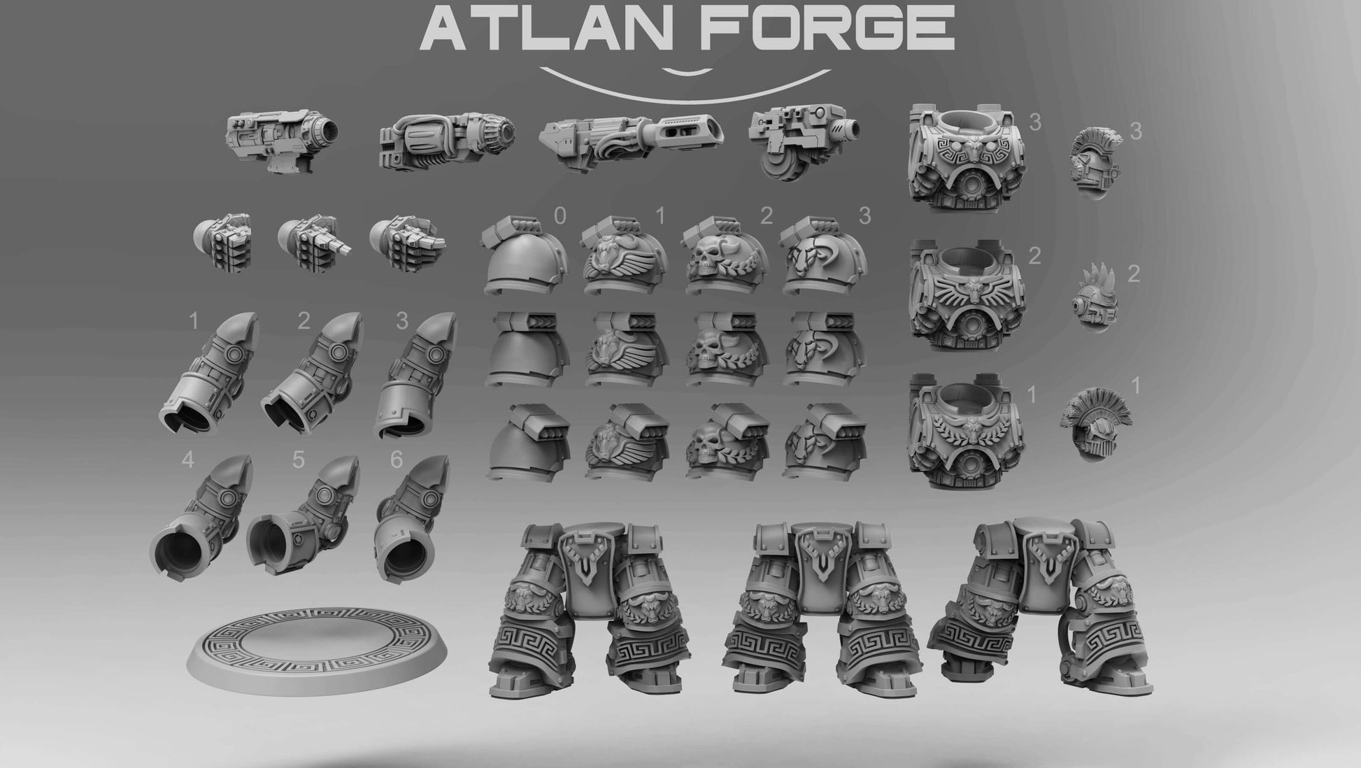 Minoan Warhulks squad of three heavily armoured sci-fi siege infantry
