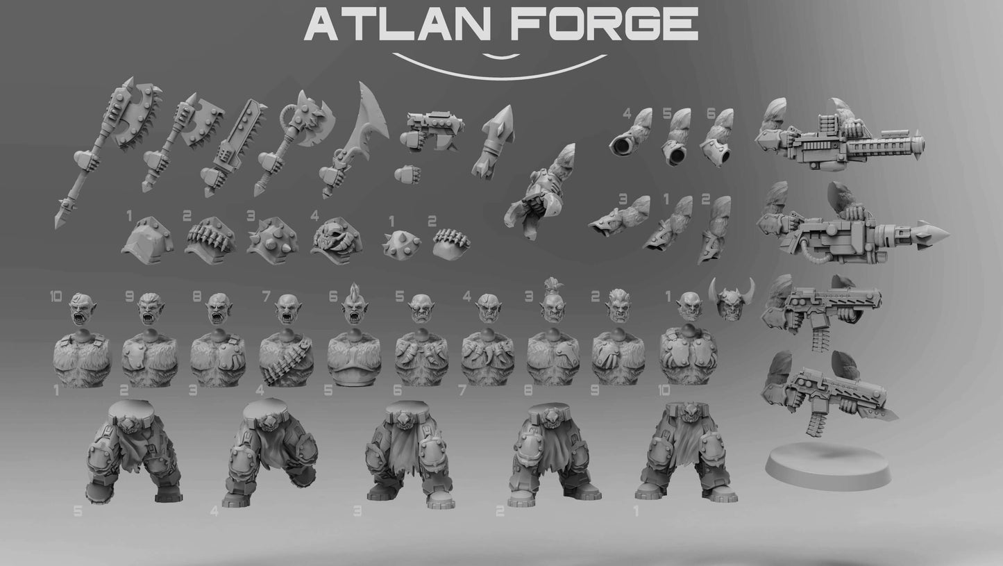 Grokk Warpack - squad of 10 unpainted resin greenskin brutes with heavy weapons, cleaver blades, and savage feral detail